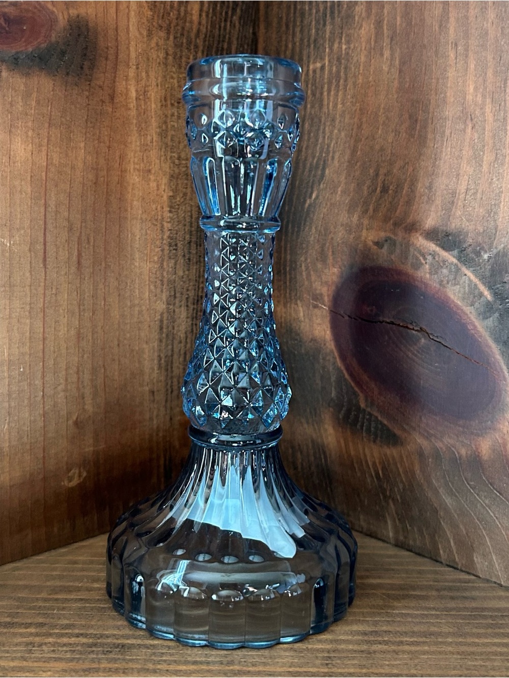 Blue Glass Candlestick Diamond Cut Pattern Textured 6.5” Cottage Whimsical New